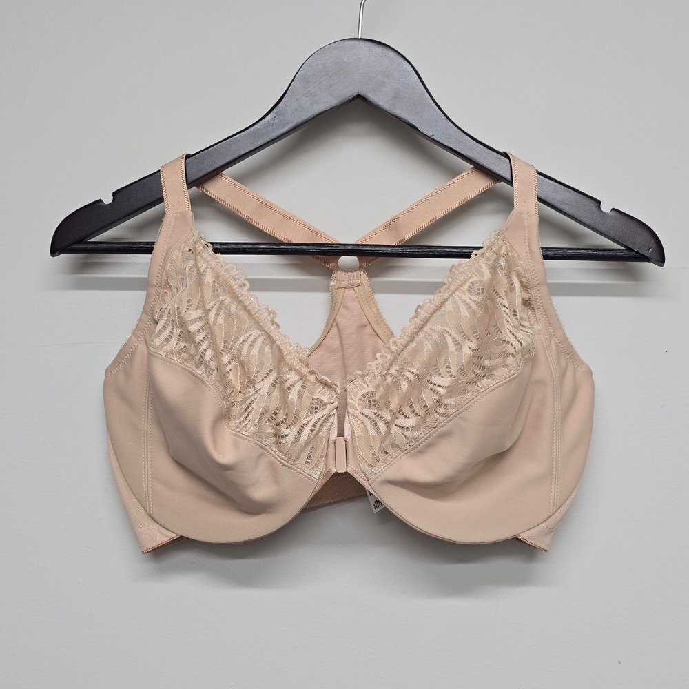 Glamorise Front-Close Lace Underwire Bra Women 36F Beige Nylon Racerback Comfort